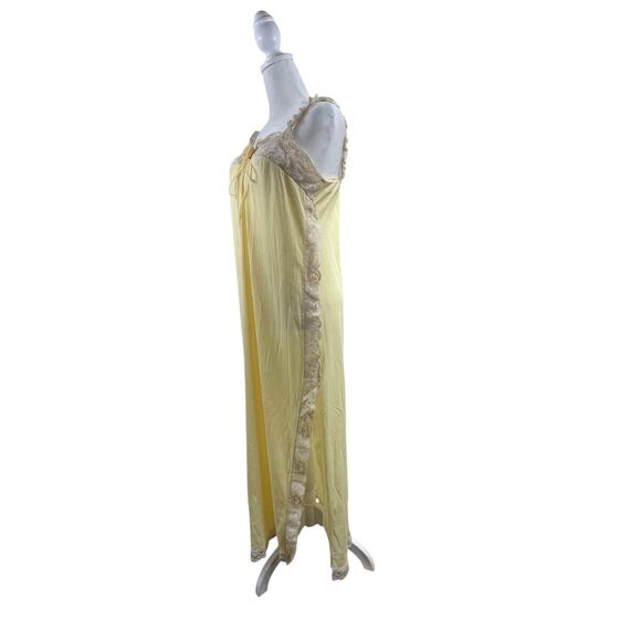 VTG 60s 70s Maxi Full Slip Dress Yellow Sz M Petticoat Lace Long Side Slit Rose - Picture 3 of 7